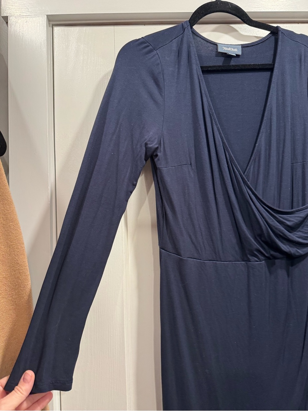 ModCloth Navy Blue Knit On The Town Faux Wrap Midi Dress Large Fall Office Work - Picture 3 of 9